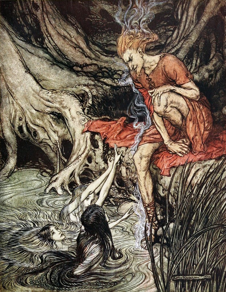 Mermaids in art: Arthur Rackham, Rhinegold and the Valkyries, 1910. Wikimedia Commons (public domain).
