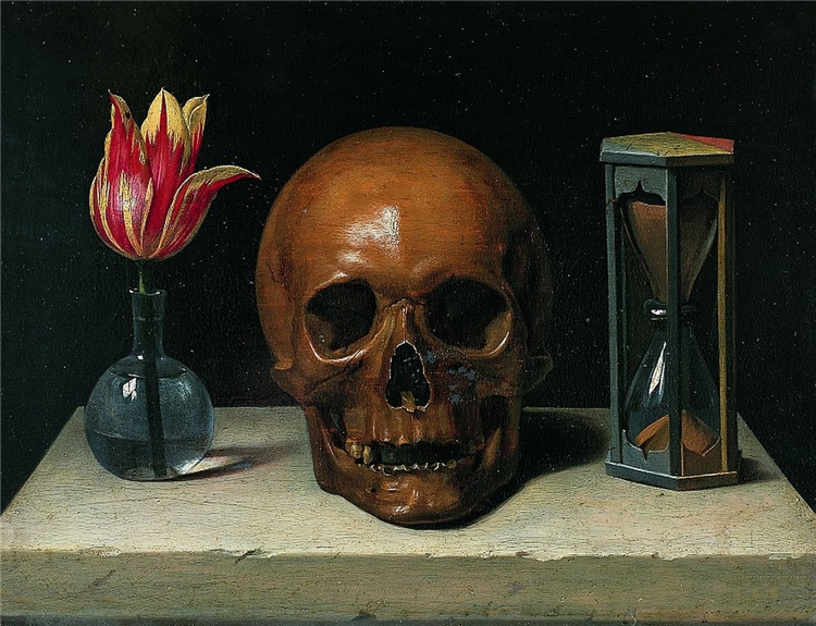 Philippe de Champagne, Still-Life with a tulip, skull and hour glass, 1671, Musée de Tesse, Le Mans, France.