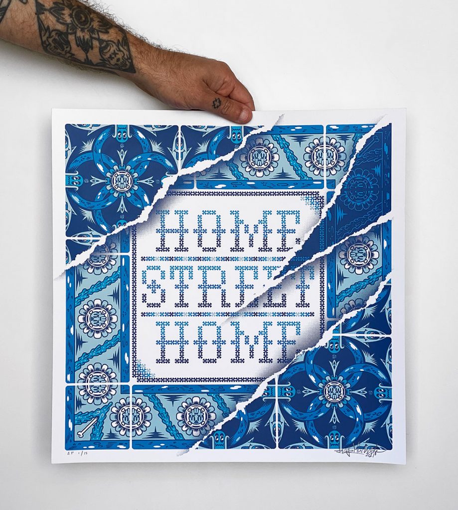 Portuguese azulejos: Diogo Machado a.k.a ADD FUEL, Home Street Home (Redux), 2021, four color hand pulled screen print on Keaykolour paper. Artist’s website.
