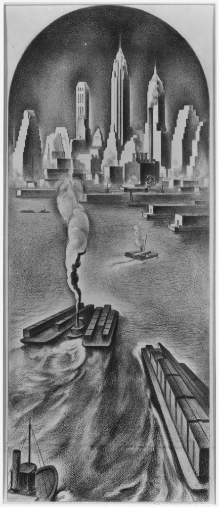 art deco, Louis Lozowick and Joseph Kaplan, Sky Line and Waterfront Traffic as Seen from Manhattan Bridge