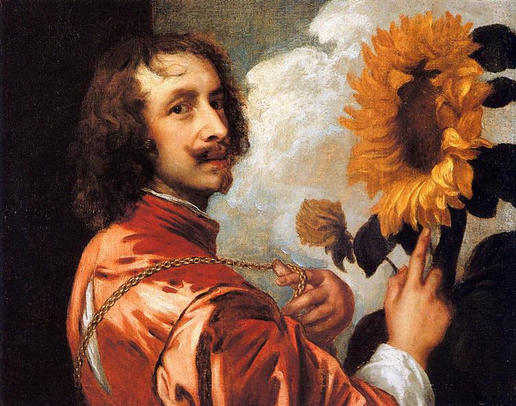Flowers in art: Anthony van Dyck, Self-portrait with sunflower, 1632, Private Collection
