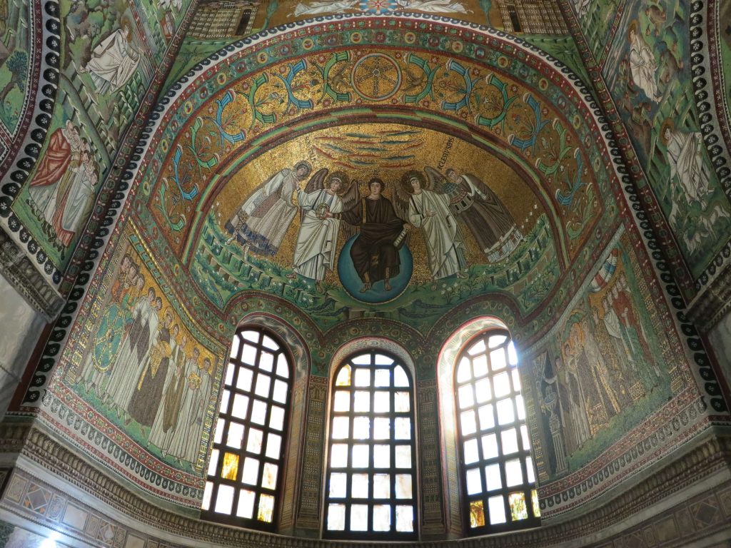 San Vitale mosaics: San Vitale mosaics in the apse, circa 547, Ravenna, Italy. Photo by Brad Hostetler via Flickr (CC BY 2.0).

