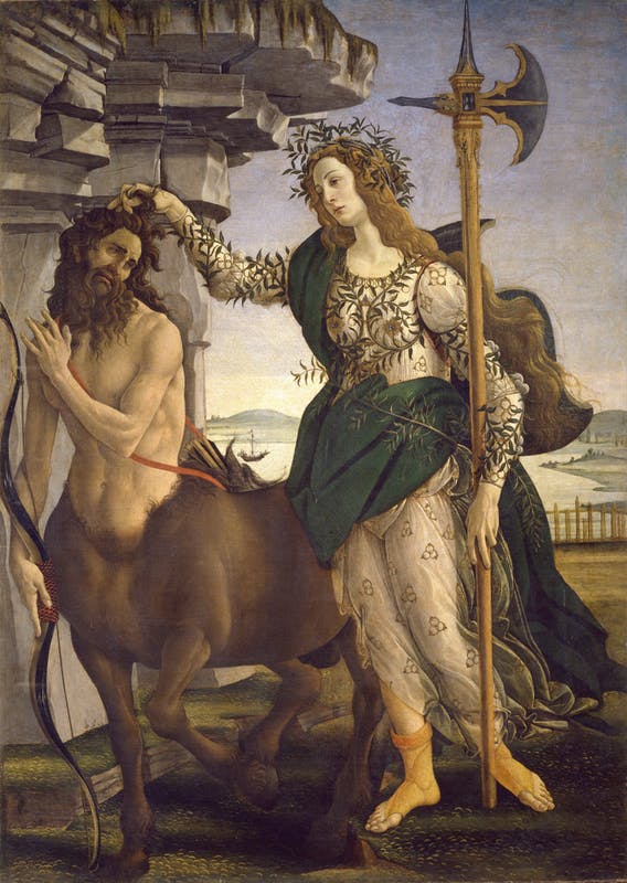 centaurs in art: Sandro Botticelli, Pallas and the Centaur, 1480-85, Uffizi Gallery, Florence, Italy.
