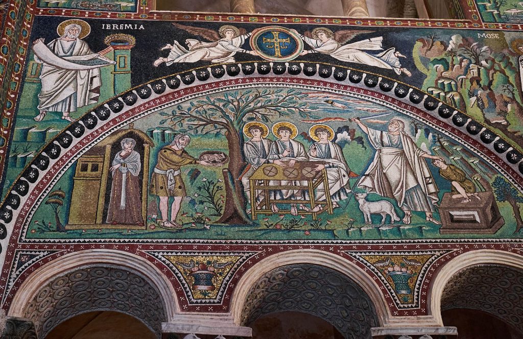 San Vitale mosaics: The Sacrifice of Isaac mosaic, San Vitale, circa 547, Ravenna, Italy. Photo by Angel de los Rios via Flickr (CC BY-SA 2.0).
