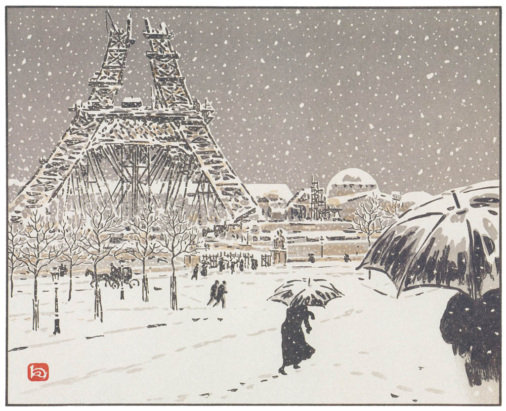 Hokusai Great Wave: Henri Rivière, The Eiffel Tower under construction, seen from the Trocadéro, Thirty-Six Views of the Eiffel Tower, 1902, Van Gogh Museum, Amsterdam, Netherlands.
