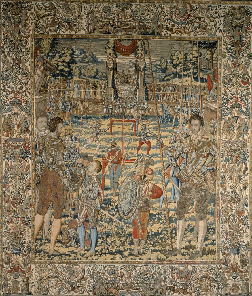 Valois Tapestries: Master MGP and Antoine Caron, Barriers from the Valois Tapestries, c. 1576, Wool, silk, silver, and gilded silver metal-wrapped thread, Brussels, Uffizi Gallery, Florence, Italy.

