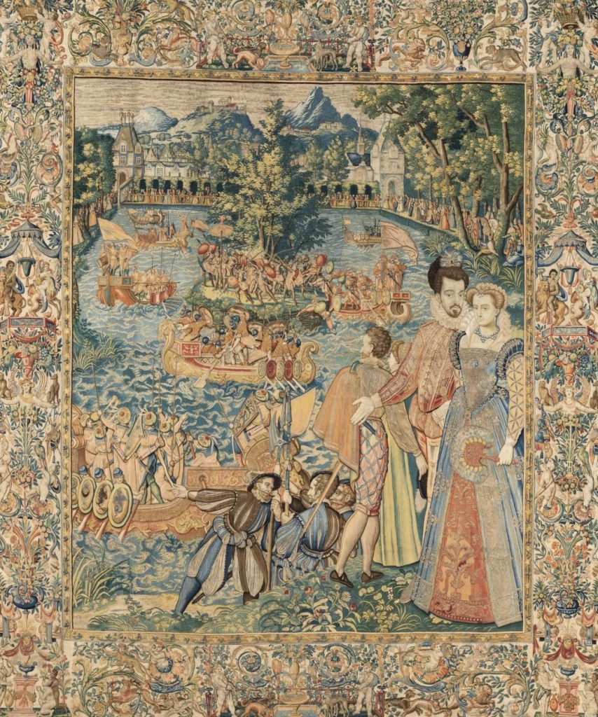 Valois Tapestries: Master WF and Antoine Caron, Fontainebleau from the Valois Tapestries, c. 1576, wool, silk, silver, and gilded silver metal-wrapped thread, Brussels, Uffizi Gallery, Florence, Italy.
