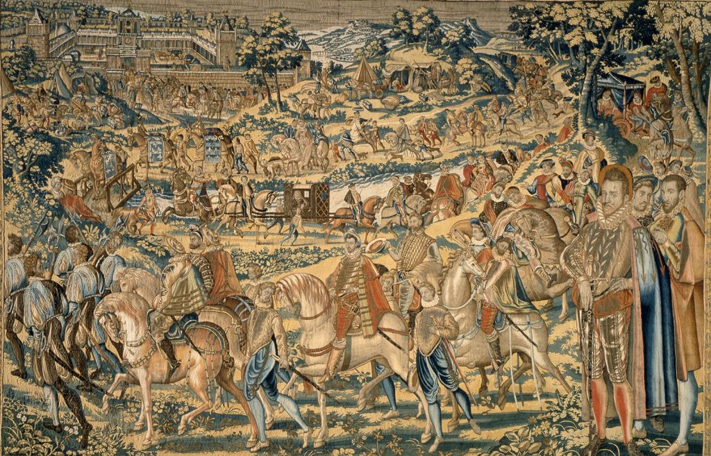 Valois Tapestries: Master WF and Antoine Caron, Journey from the Valois Tapestries, c. 1576, Wool, silk, silver, and gilded silver metal-wrapped thread, Brussels, Uffizi Gallery, Florence, Italy.
