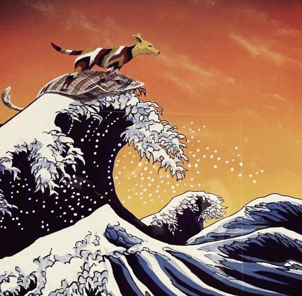 Hokusai Great Wave: Lin Onus, Michael and I are just slipping down to the pub for a minute, 1992. Pinterest. Detail.
