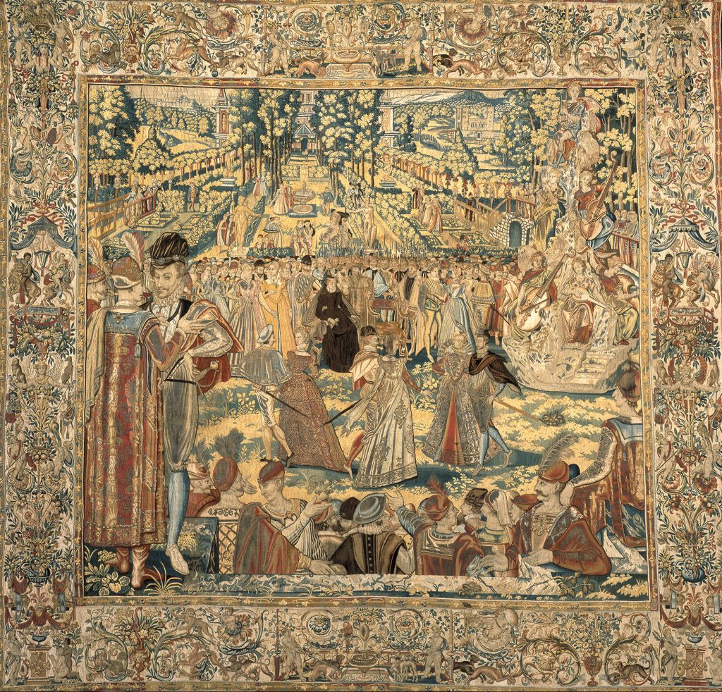Valois Tapestries: Master WF and Antoine Caron, Polish Ambassadors from the Valois Tapestries, c. 1576, Wool, silk, silver, and gilded silver metal-wrapped thread, Brussels, Uffizi Gallery, Florence, Italy.
