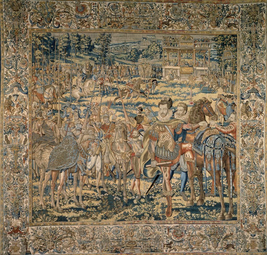 Valois Tapestries: Master WF and Antoine Caron, Quintain from the Valois Tapestries, c. 1576, Wool, silk, silver, and gilded silver metal-wrapped thread, Brussels, Uffizi Gallery, Florence, Italy.
