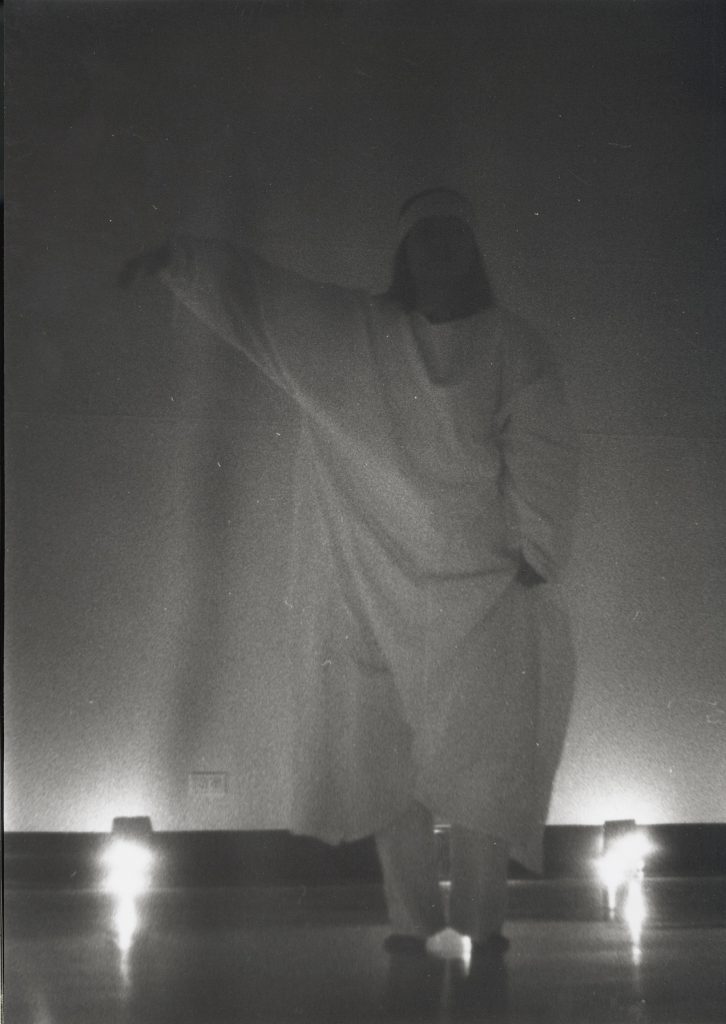 Theresa Hak Kyung Cha, A Ble Wail, documentation of performance at Worth Ryder Gallery, University of California, Berkeley, 1975. Black and white photographs and typewritten text on paper, 11 1/2 × 8 1/4 in. (29.2 × 21 cm). Image courtesy the University of California, Berkeley Art Museum and Pacific Film Archive; gift of the Theresa Hak Kyung Cha Memorial Foundation