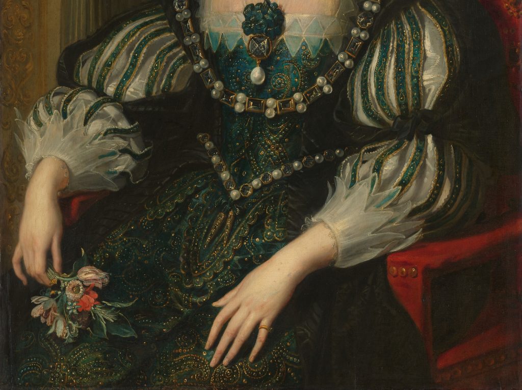 dresses in art: Peter Paul Rubens (workshop), Portrait of Anne of Austria, ca. 1628, Rijksmuseum, Amsterdam, Netherlands. Detail.

