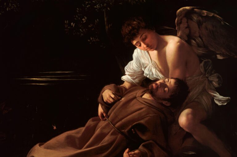 male homosexuality art: Caravaggio, Ecstasy of Saint Francis, c. 1594–1595, Wadsworth Atheneum, Hartford, CT, USA. Detail.
