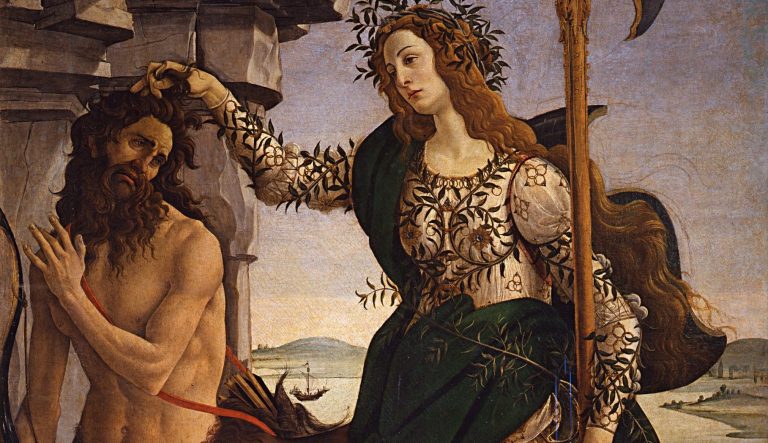 centaurs in art: Sandro Botticelli, Pallas and the Centaur, 1480-85, Uffizi Gallery, Florence, Italy. Detail.
