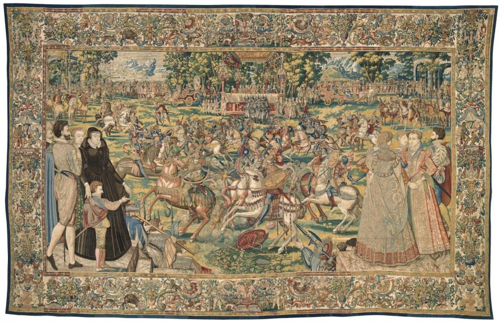 Valois Tapestries: Master MGP and Antoine Caron, Tournament from the Valois Tapestries, c. 1576, Wool, silk, silver, and gilded silver metal-wrapped thread, Brussels, Uffizi Gallery, Florence, Italy.
