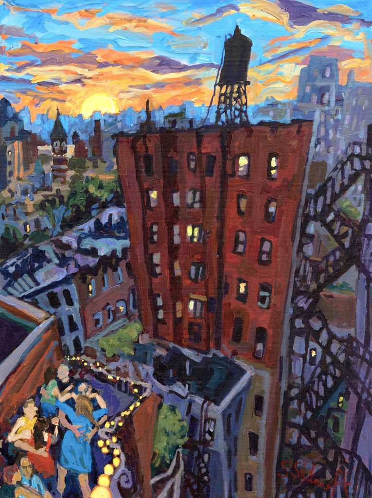 Sonya Sklaroff, Last night I dreamt we danced on the rooftop at twilight, oil on canvas, 2020,