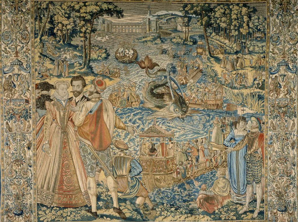 Valois Tapestries: Master MGP and Antoine Caron, Whale from the Valois Tapestries, c. 1576, Wool, silk, silver, and gilded silver metal-wrapped thread, Brussels, Uffizi Gallery, Florence, Italy.
