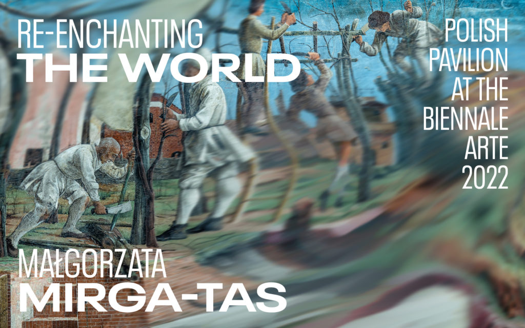 Małgorzata Mirga-Tas: Małgorzata Mirga-Tas, Exhibition banner Re-enchanting the World, 2022, Venice Biennale, Venice, Italy. Biennale.art.pl.
