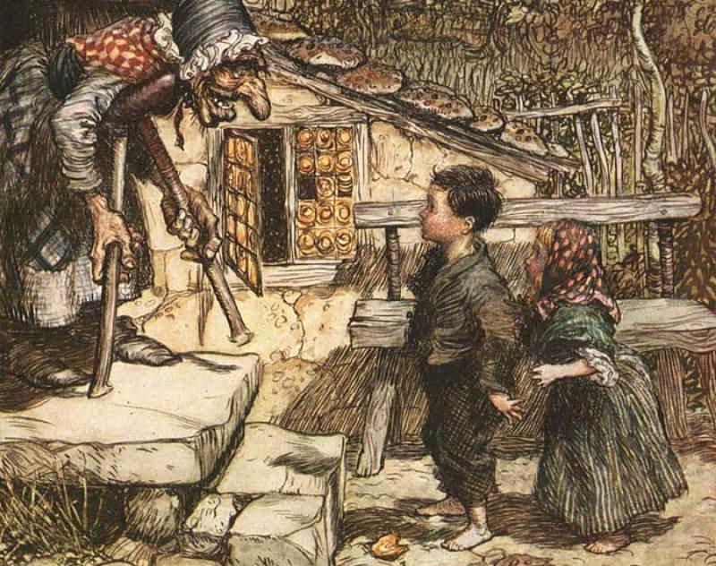 witches in art: Witches in art: Arthur Rackham, Hansel and Gretel, 1909, from The Fairy Tales of the Brothers Grimm, Constable and Co, London, UK. Wikimedia Commons (public domain).
