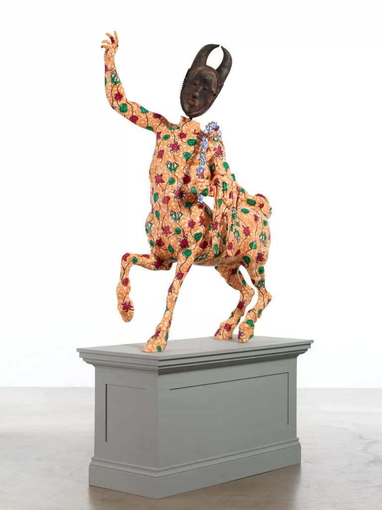centaurs in art: Yinka Shonibare, Hybrid Sculpture (centaur), 2021, fiberglass sculpture, hand painted w/Dutch wax pattern with hand carved wooden mask. Courtesy Stephen Friedman Gallery, London, UK.
