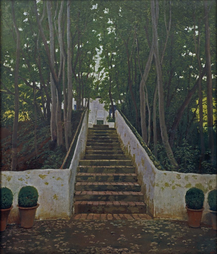 Painting of stairs leading up and trees lining the path.
