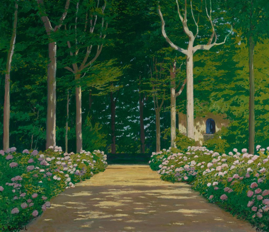 Painting of a garden path with tall trees and rows of hydrangeas lining the path.