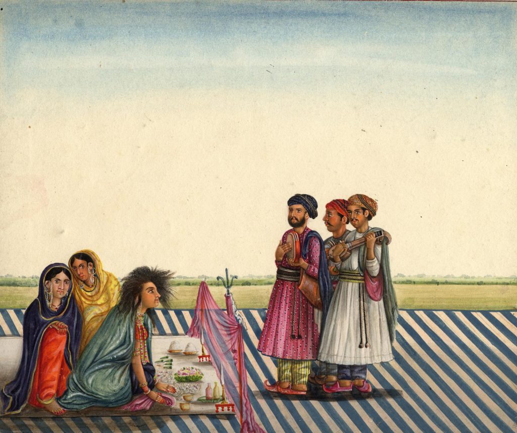 henna in Indian paintings: 
Female mendicant accompanied by female attendants and musicians, with caption, watercolor mounted in card on paper. © The Trustees of the British Museum. Detail.


