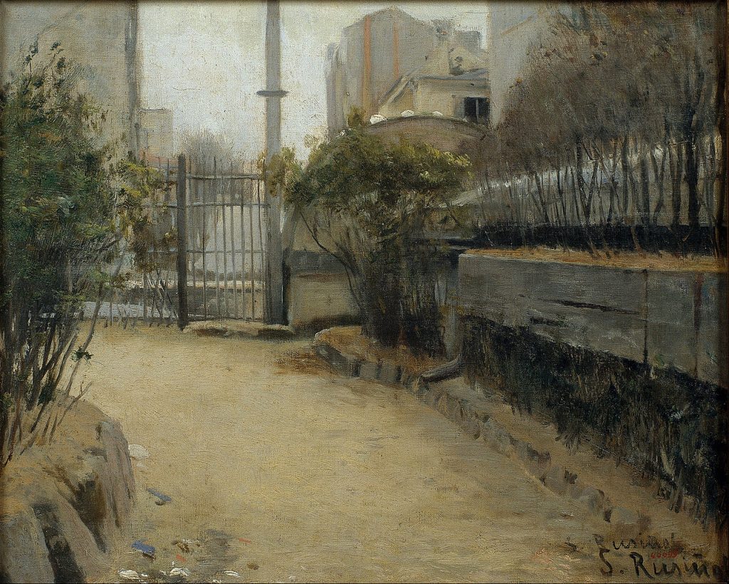 Rusiñol's painting of a garden in Montmartre under an overcast sky.