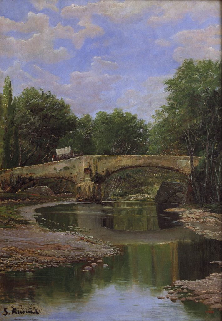 Rusiñol's painting of a stone bridge over a scenic river and trees in the background.