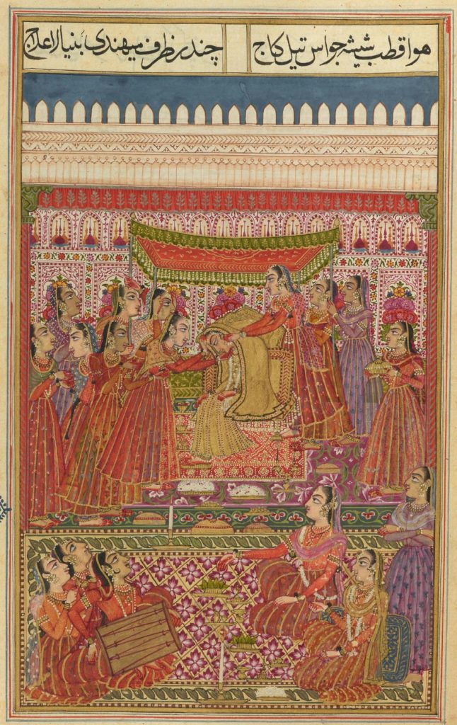 henna in Indian paintings: Mehndi Ceremony (henna) at the Wedding of Manohar and Madhumalati Gulshan-i ‘Ishq (Rose Garden of Love), opaque watercolor, gold, and ink on paper, The Philip S. Collins Collection, gift of Mrs. Philip S. Collins in memory of her husband, 1945, Philadelphia Museum of Art, Philadelphia, PA, USA. Detail.
