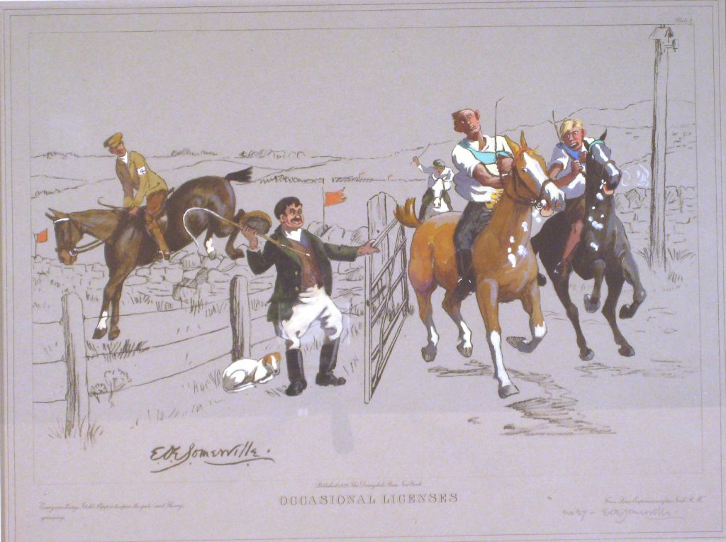 Edith Somerville: Edith Somerville, Occasional Licenses, from Some Experiences of an Irish R.M. (no. 27), 1929, aquatint on paper, 13 1/4 x 17 3/4 inches, Gift of F. Turner Reuter, Jr., National Sporting Library & Museum, Middleburg, VA, USA.

