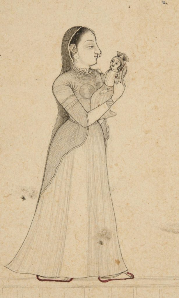 henna in Indian paintings: Court Woman Holding a Royal Infant, c. 1730, opaque watercolor on paper, Bequest of Dean Walker, 2006, Philadelphia Museum of Art, Philadelphia, PA, USA. Detail.
