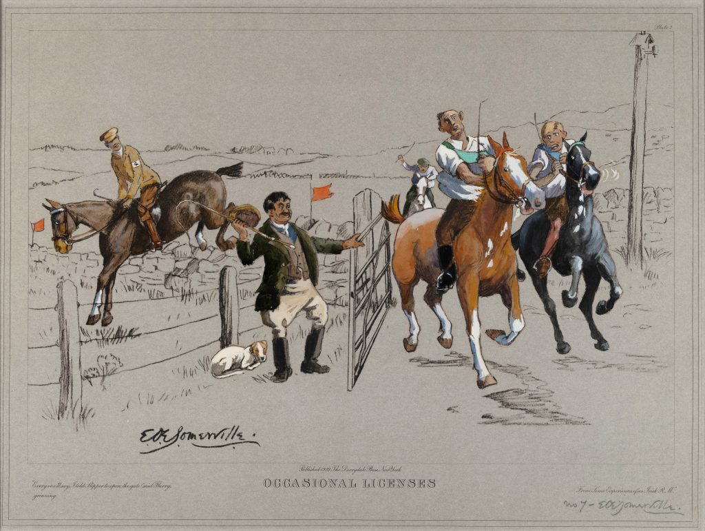 Edith Somerville: Edith Somerville, Occasional Licenses, from Some Experiences of an Irish R.M. (no. 7), hand-colored aquatint, 13 1/4 x 17 inches, Gift of John Daniels, Jr., National Sporting Library & Museum, Middleburg, VA, USA.
