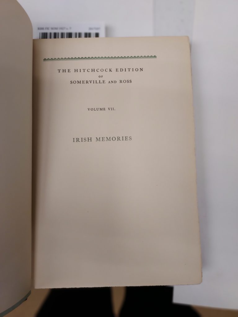 Edith Somerville: Irish Memories by E. OE. Somerville and Martin Ross, 1927, The Hitchcock Editions, National Sporting Library & Museum, Middleburg, VA, USA. Photo by the author.
