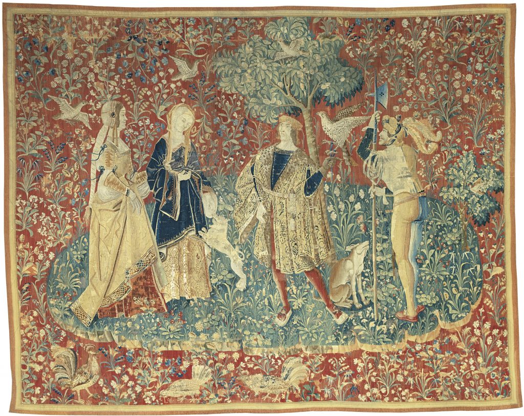 Becoming Elizabeth Tapestries: A Falconer with Two Ladies and a Foot Soldier, c. 1490-1510, wool and silk, slit and double interlocking tapestry weave, Bruges, Art Institute of Chicago, Chicago, IL, USA.
