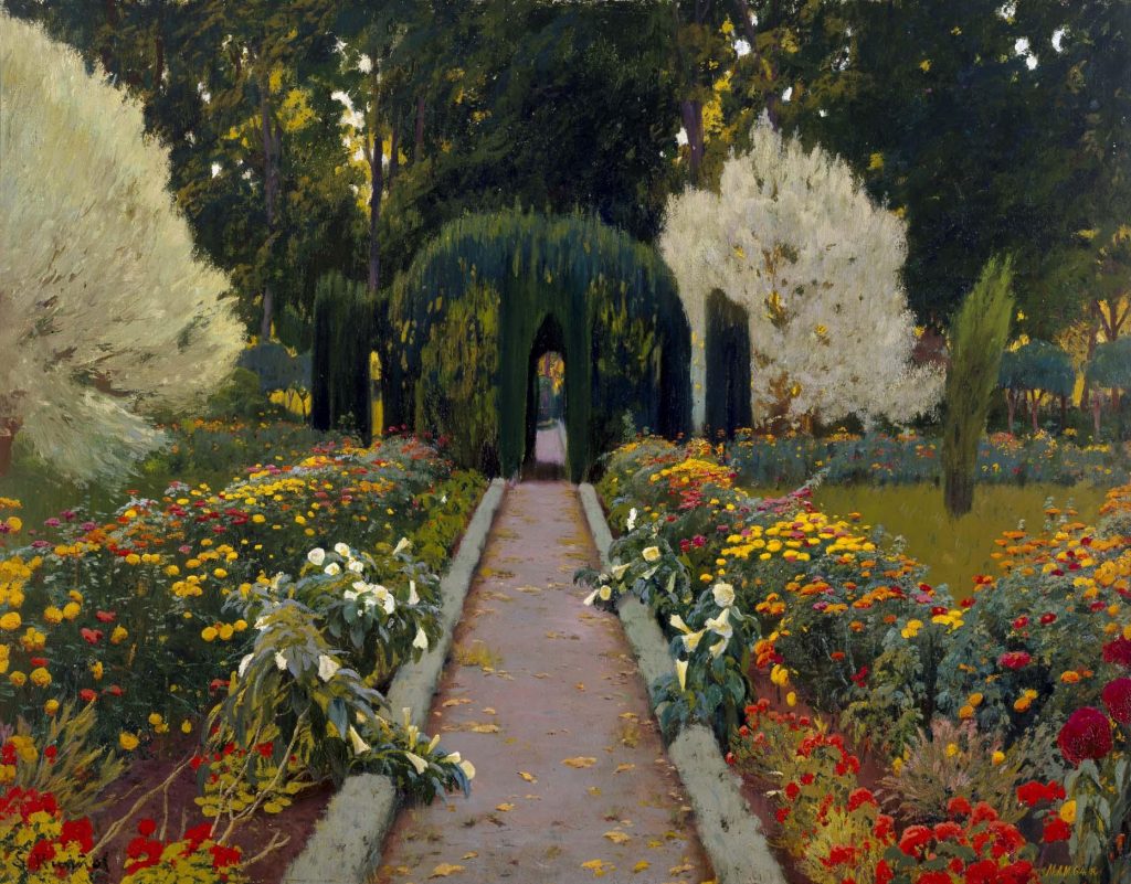 Rusiñol's painting of garden path with hedges and red, yellow and white flowers with overgrown trees.