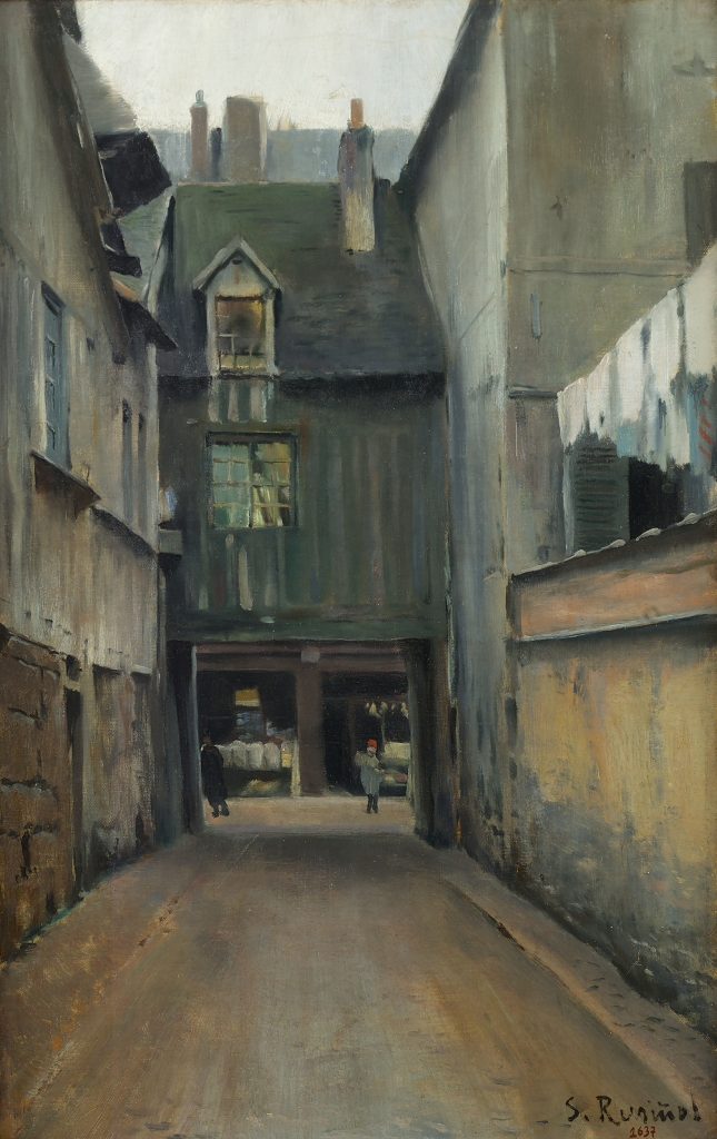 Painting of Rouen street empty with clothes drying from a balcony on the right.