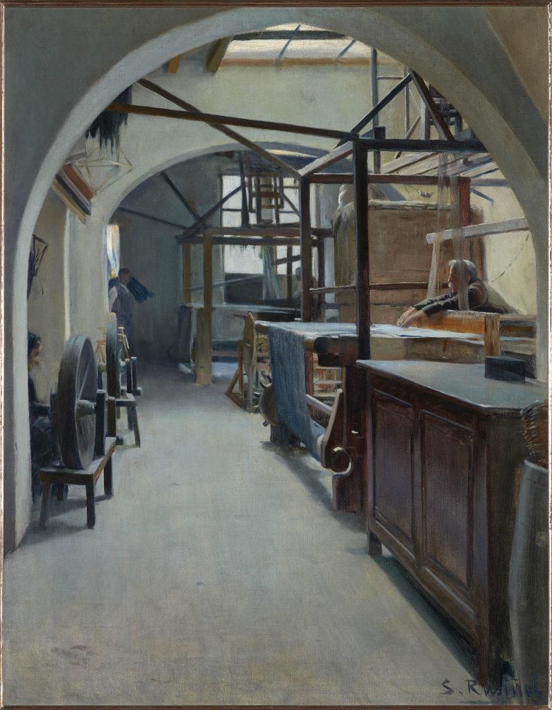 Rusiñol's painting of an textile factory with the figure of a man reclining on a raised counter on the right.