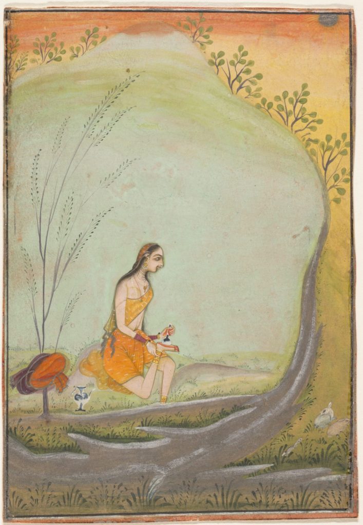 henna in Indian paintings: Attributed to Ustad Mohamed, son of Murad, A Lady Applying Henna to Her Foot, ink and opaque watercolor on paper, Gift of John and Evelyn Kossak, The Kronos Collections, 1978, The Metropolitan Museum of Art, New York, NY, USA. Detail.
