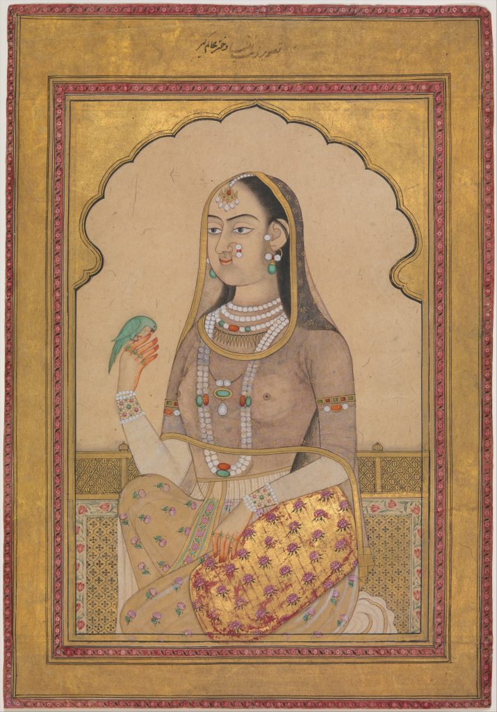 henna in Indian paintings: A Bejewelled Maiden with a Parakeetca, 1670–1700, opaque watercolor and gold on paper, Gift of Cynthia Hazen Polsky, 2011, The Metropolitan Museum of Art, New York, NY, USA.
