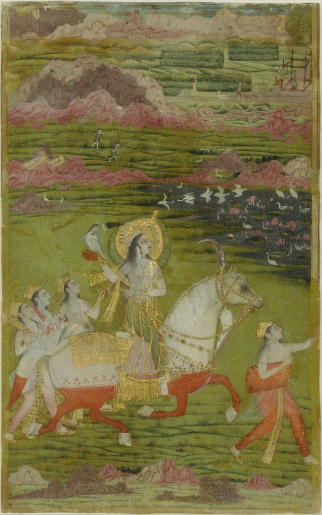 henna in indian painting: Chand Bibi Hawking with Attendants in a Landscape, ca. 1700, opaque watercolor, gold, and silver on card-weight paper, Louis E. and Theresa S. Seley Purchase Fund for Islamic Art, 1999, The Metropolitan Museum of Art, New York, NY, USA.