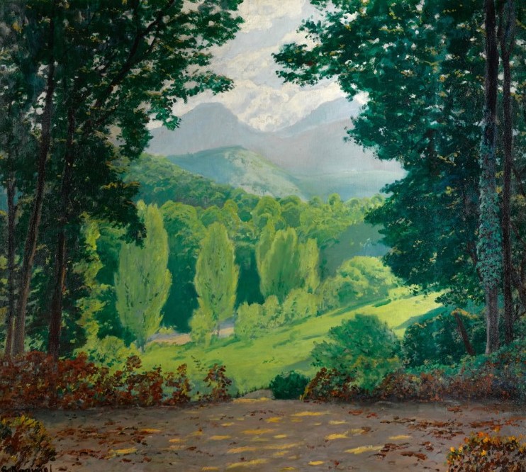 Painting of a garden path with trees opening into green lush sloped landscape.