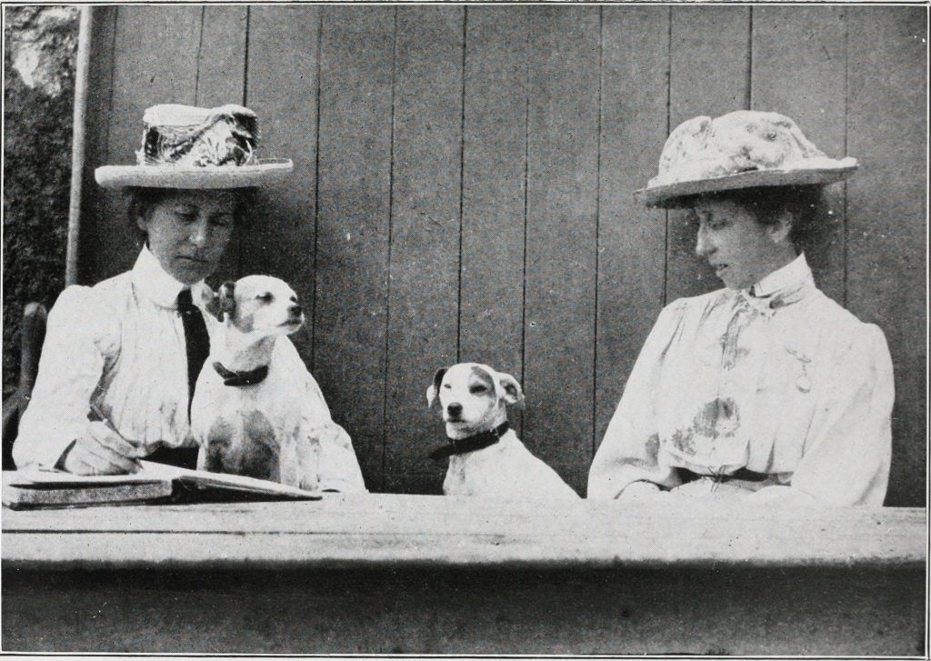 Black and white photograph of two Caucasian women sitting next to each other, wearing dresses, ties, and hats, both have dogs in their laps.