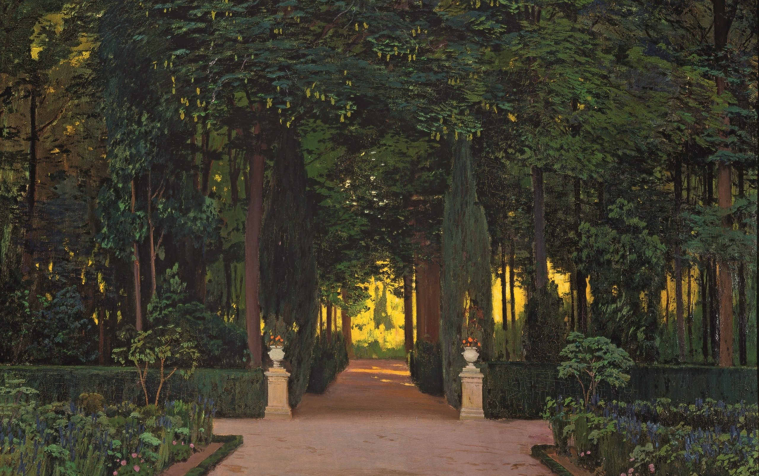Rusiñol's painting of a garden view depicting a hedge maze with a sculpture in the center with trees. and filtered sunlight in the distance.