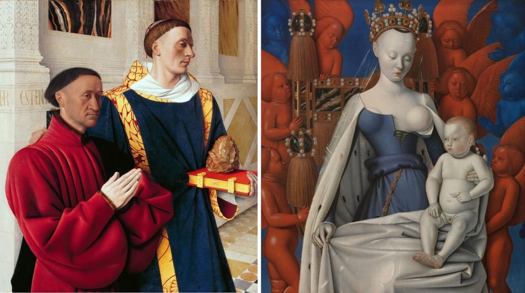 Jean Fouquet: Jean Fouquet, The Melun Diptych, ca. 1450s. Left panel depicting donors: Étienne Chevalier with his patron saint St. Stephen, Staatliche Museen, Berlin, Germany; Right panel depicting Virgin and Child, Royal Museum of Fine Arts Antwerp, Antwerp, Belgium.
