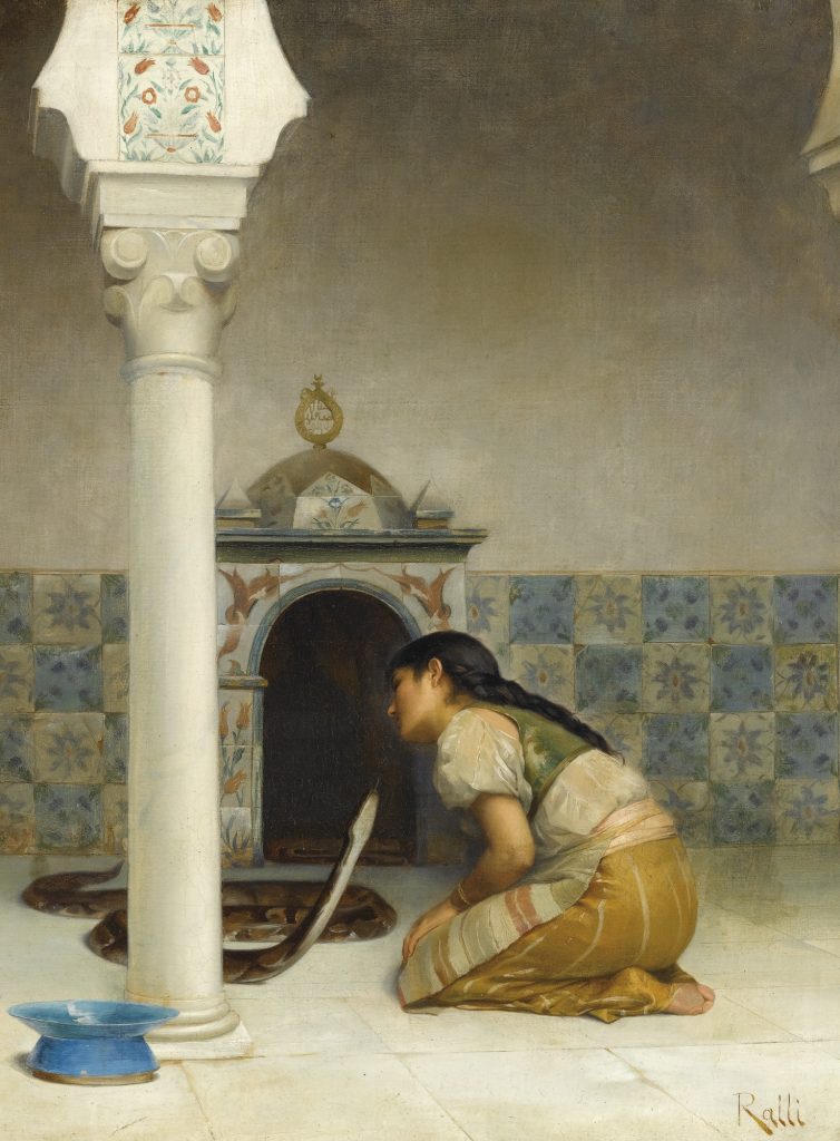 Theodoros Rallis: Theodoros Rallis, Snake Charmer in the Harem, 1882. Twitter.

