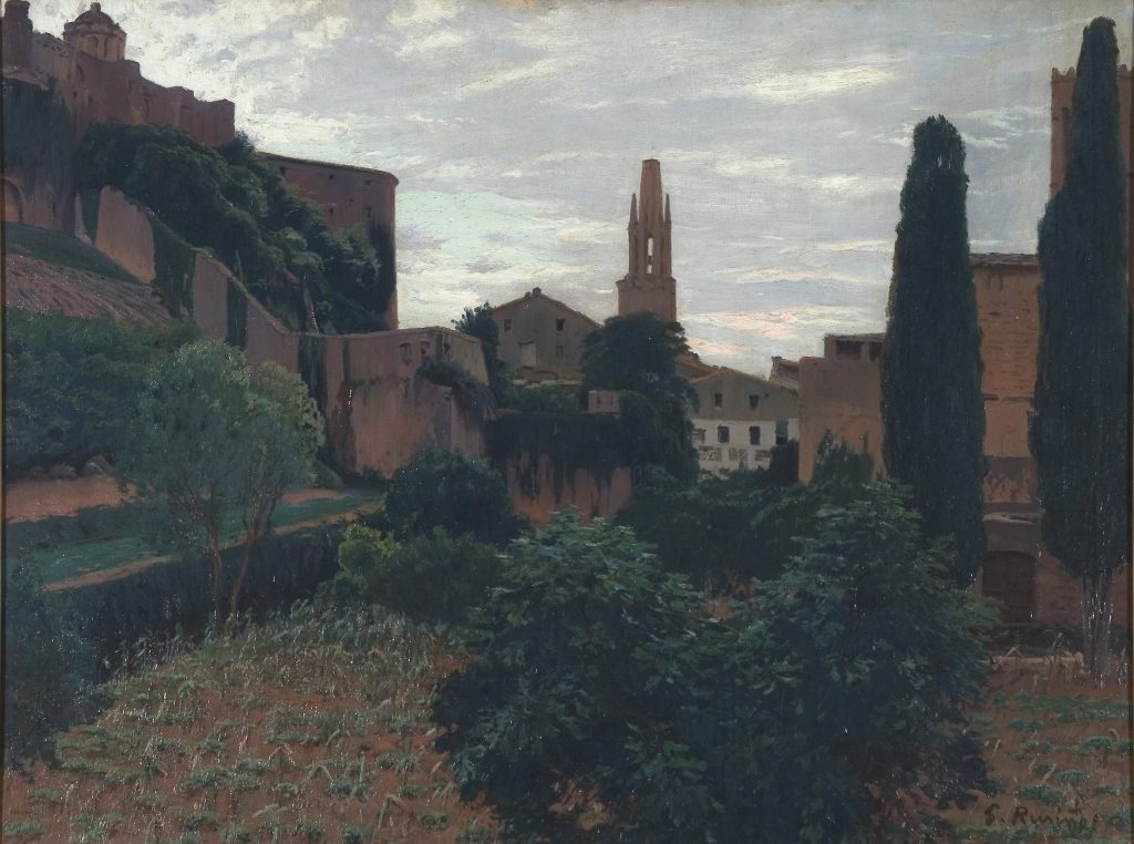 Rusiñol's painting of Girona under a cloudy sky.