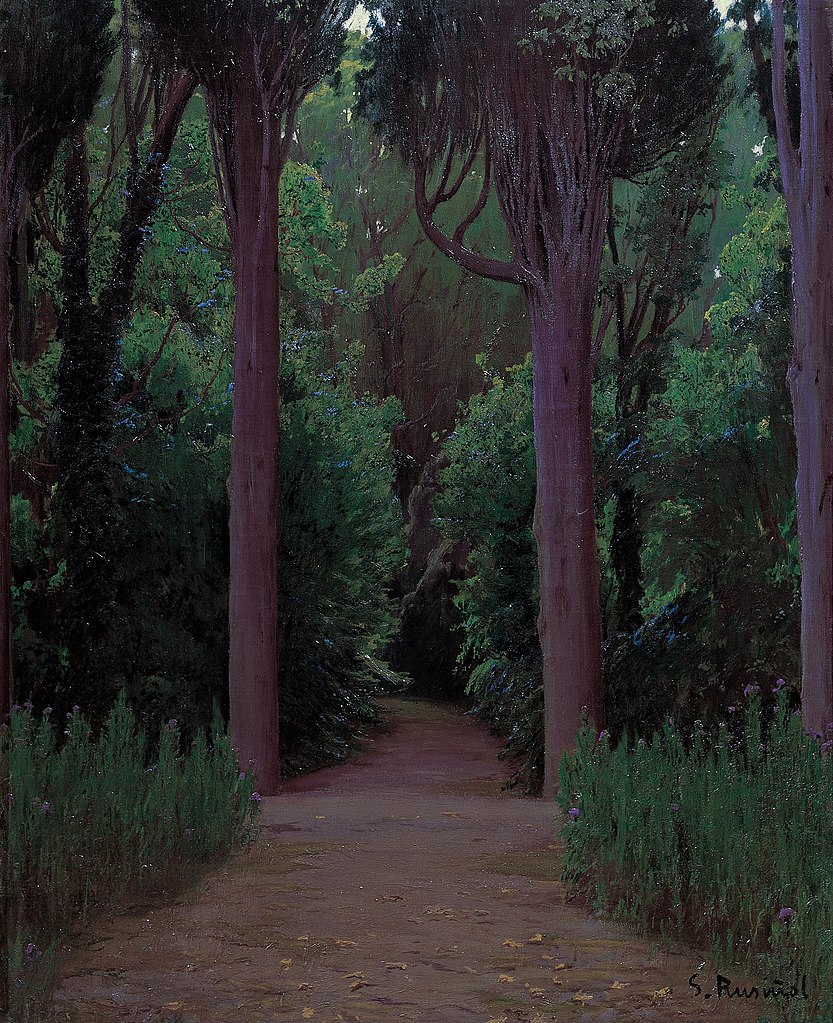 Rusiñol depicts a garden path leading into a forest.  Purple and blue flowers line the path.