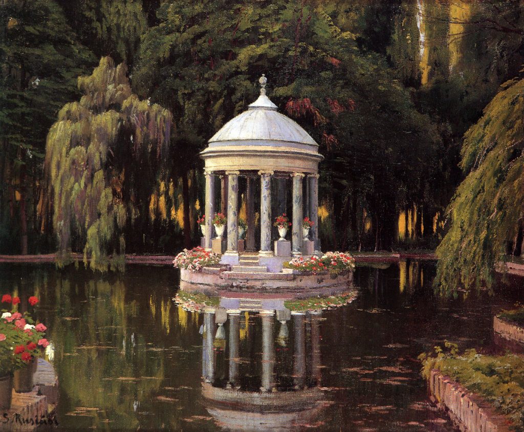 Painting of a gazebo in the middle of a body of water. Lush trees in all over the background.